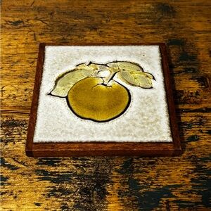 Yellow Apple Ceramic Tile Wall Art or Trivet with Wood Frame